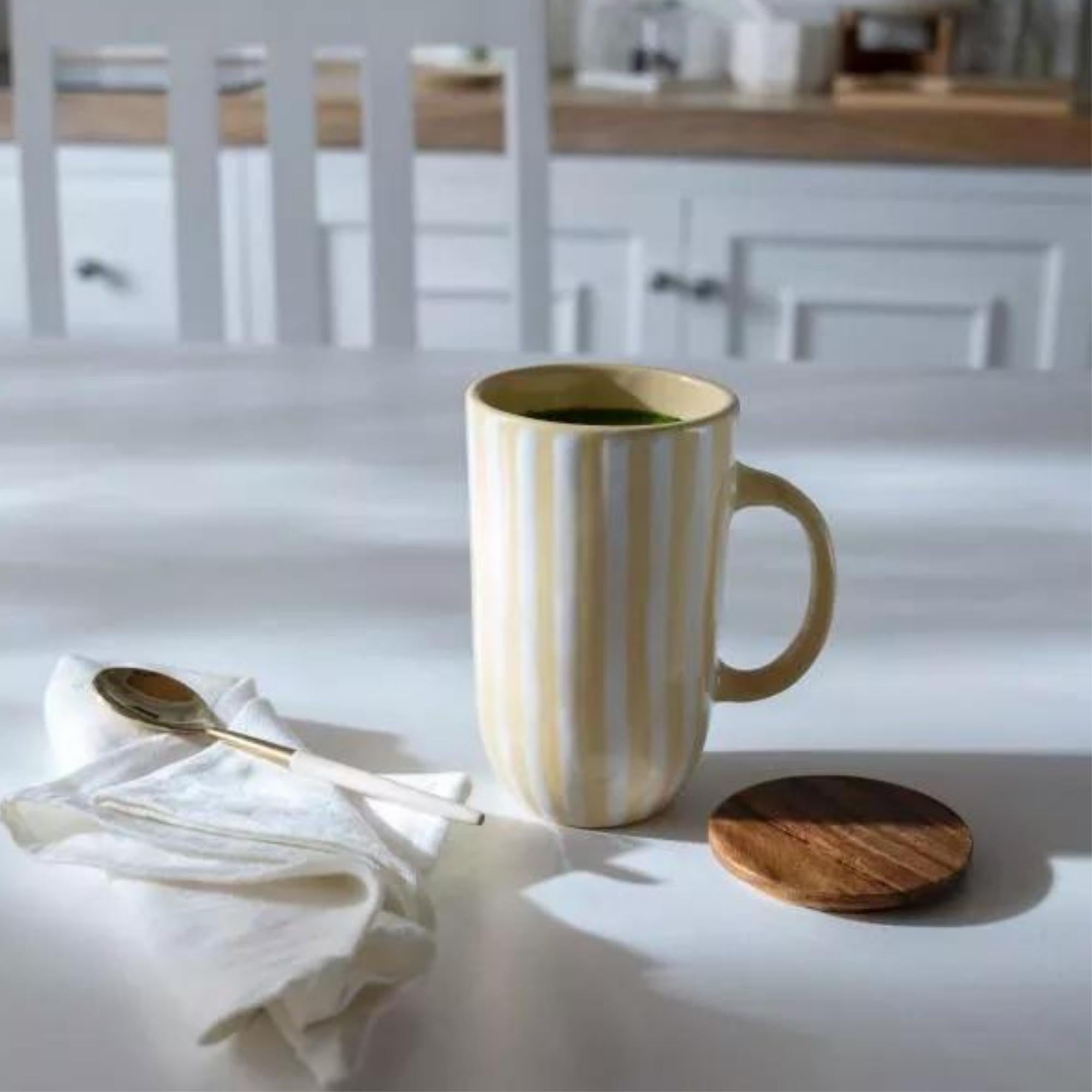 Tall lemon striped ceramic mug with wooden lid that doubles as a coaster, 400ml, 11 x 8 x 13 cm