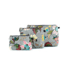 Floral linen and cotton cosmetic bag in grey with waterproof nylon lining and zip, three sizes