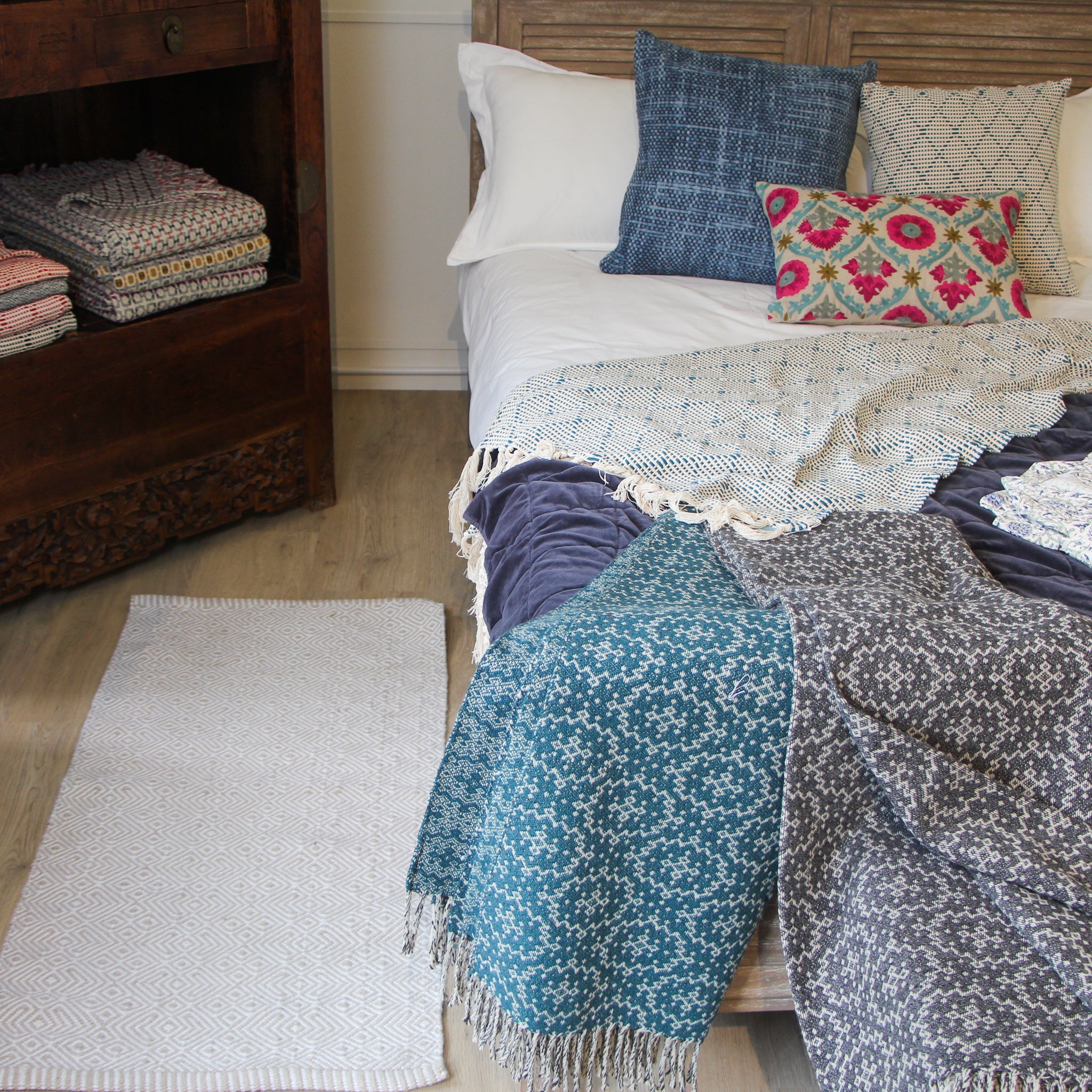 Cotton Cushion Portuguese Mosaic, shown in context, from the Inside Living Singapore homeware collection.