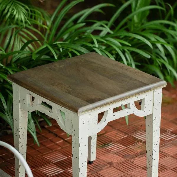 Farmhouse Flair mango wood stool in brown and white by Ellementry, 40 x 40 x 46 cm, front view