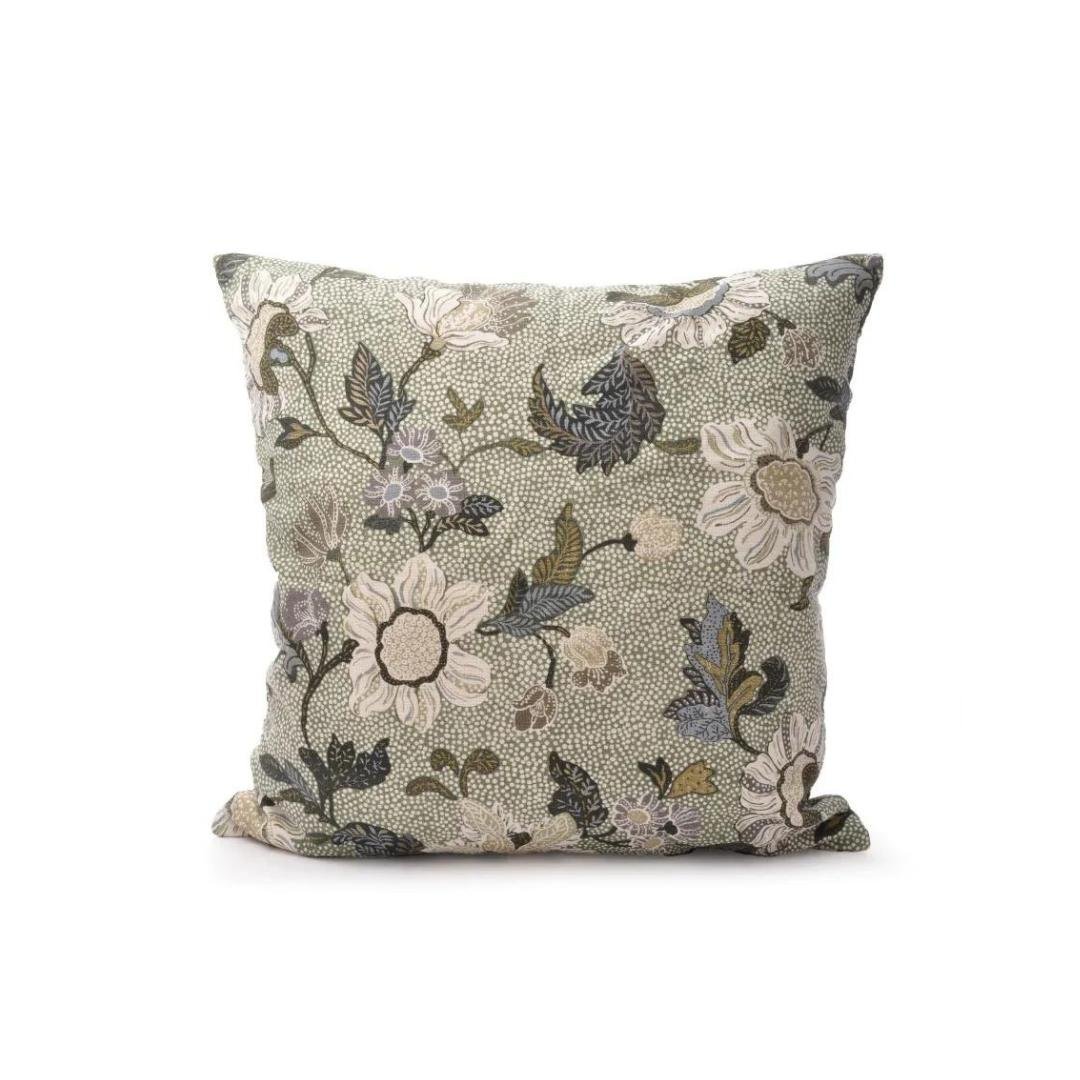 Soft green linen cushion cover in a classic floral print, 50 x 50 cm, with concealed back zip