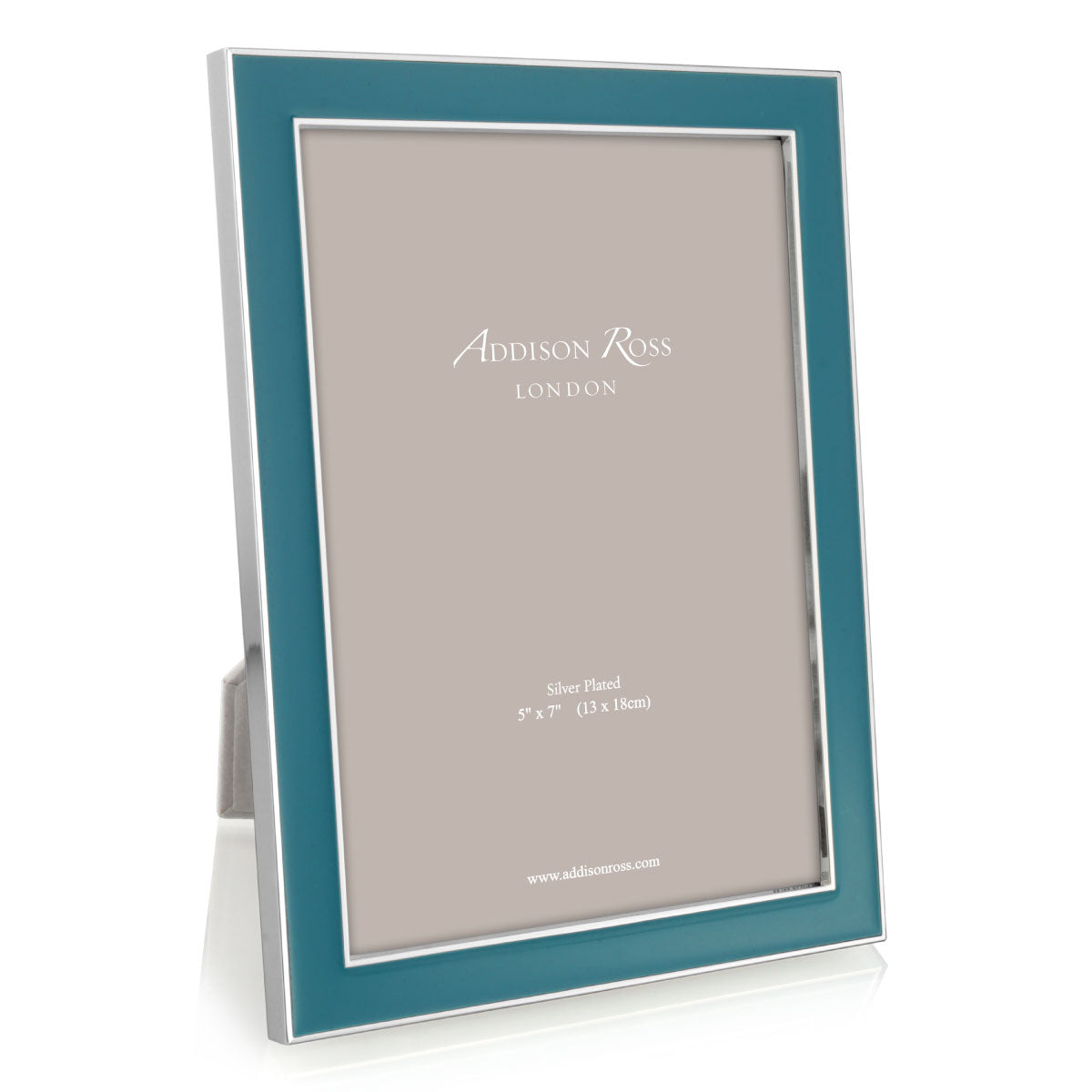 Teal enamel and silver-plate photo frame with grey velvet back, holds 4 x 6 or 5 x 7 inch photos