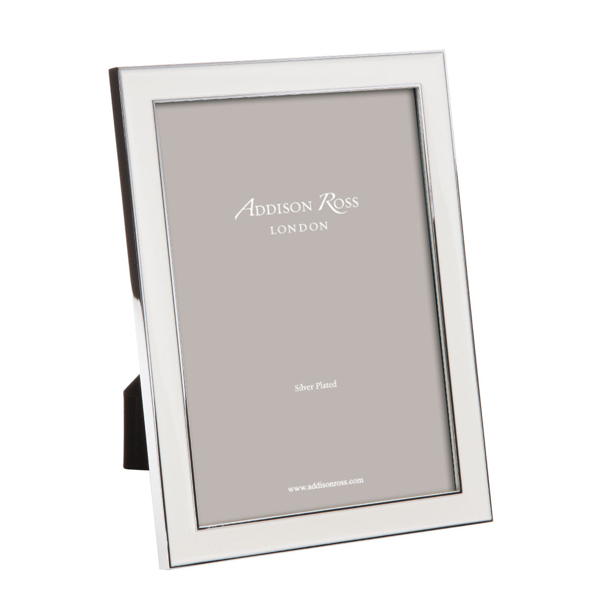 White enamel and silver-plate photo frame with grey velvet back, holds 4 x 6, 5 x 7 or 8 x 10 inch photos