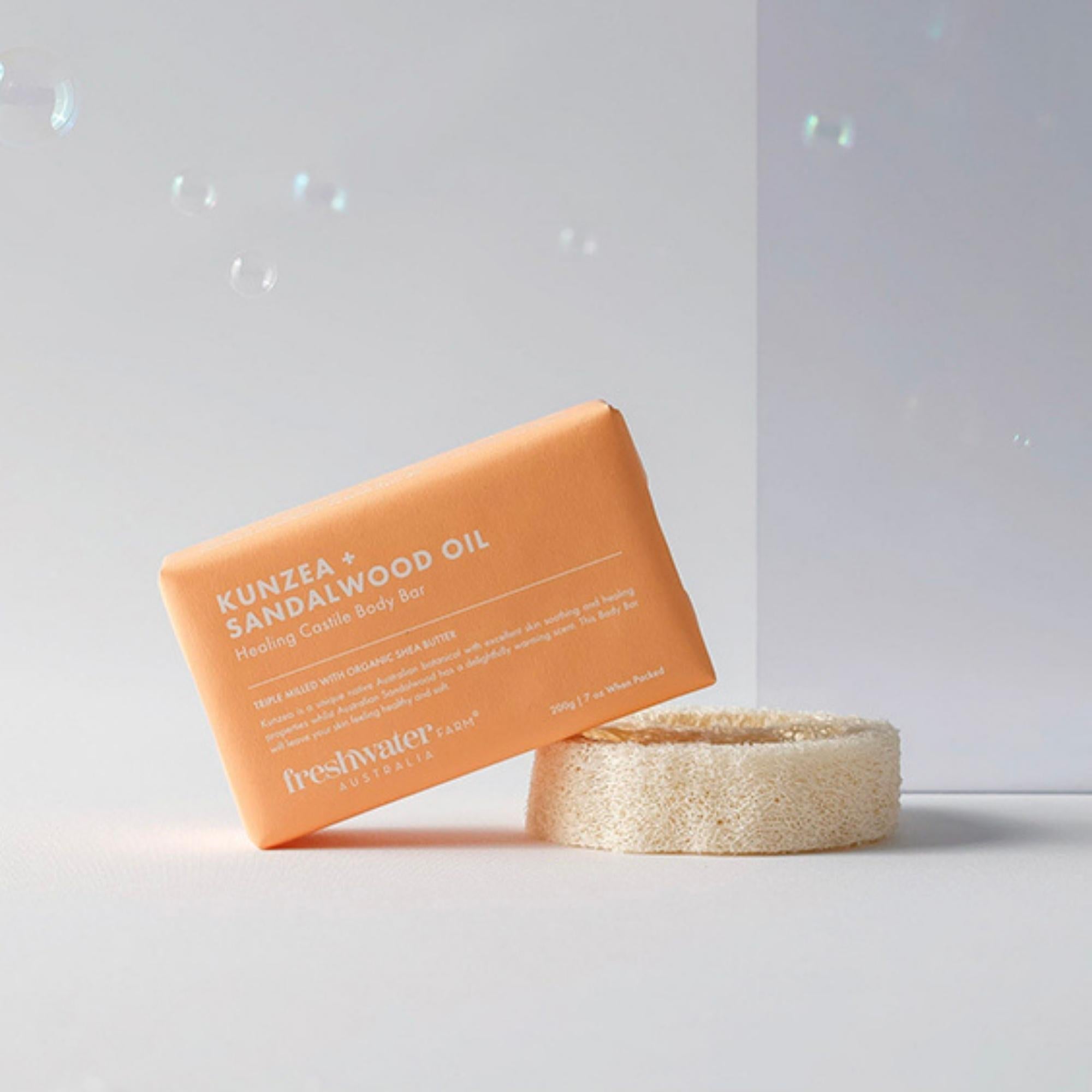 Kunzea and sandalwood healing body bar, 200g French triple-milled soap with olive oil and shea butter
