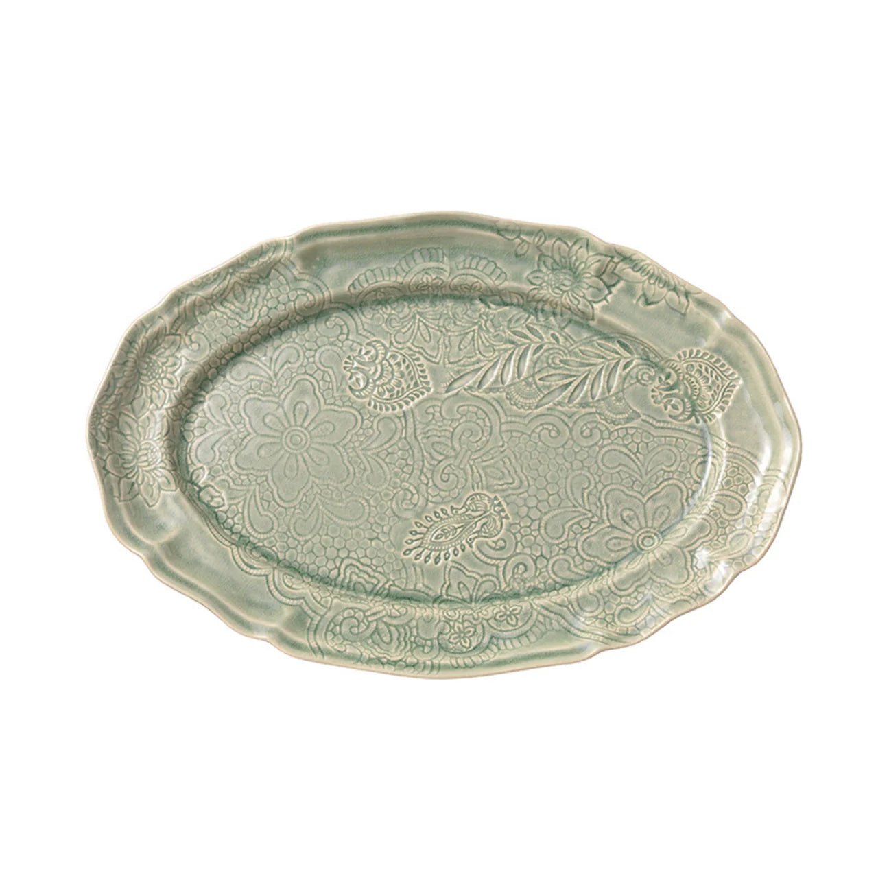 Oval ceramic serving platter in antique glaze with leaf and vine pattern, 49 x 32 cm, made in Portugal