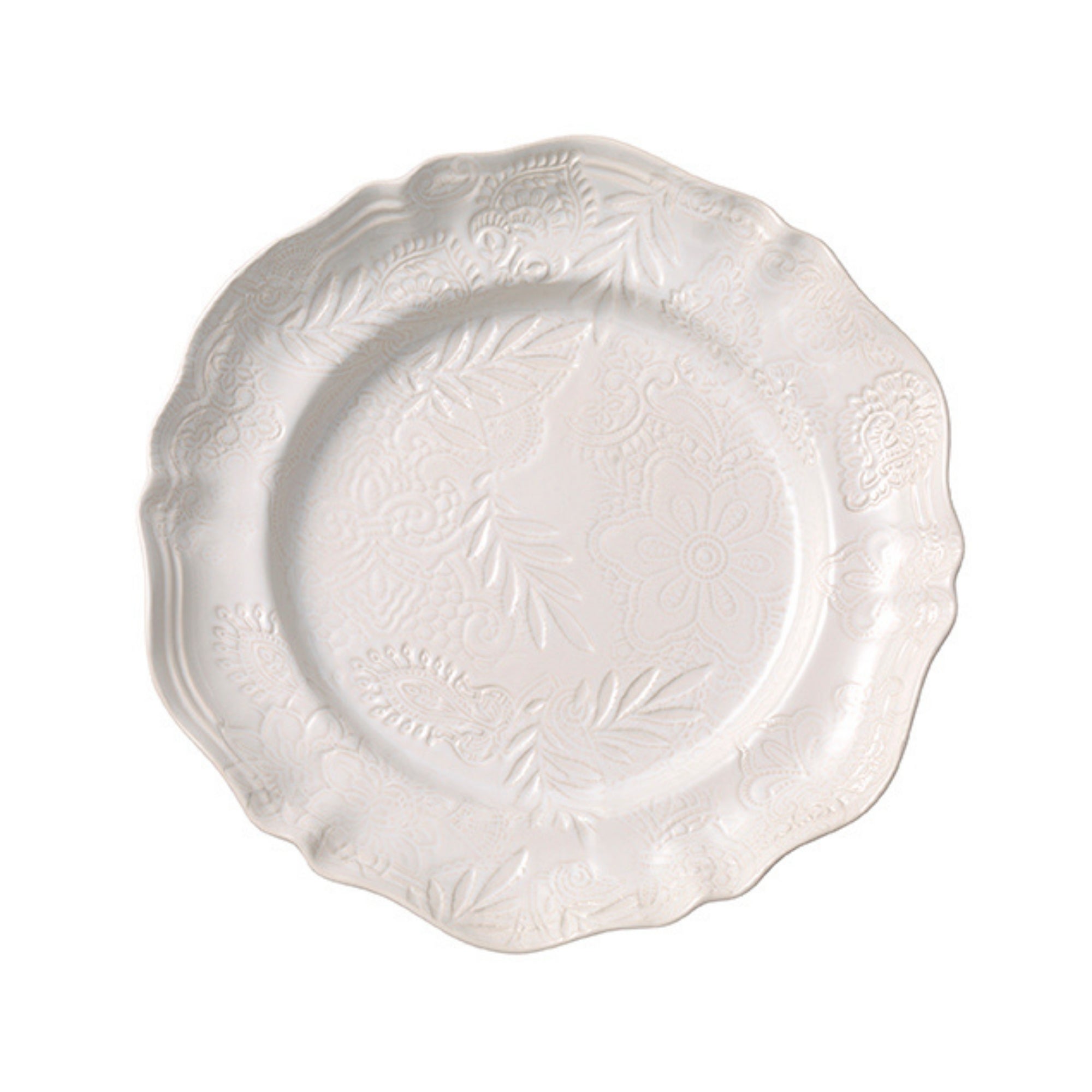 Round white ceramic serving dish with a delicate pattern, 34 cm diameter, made in Portugal