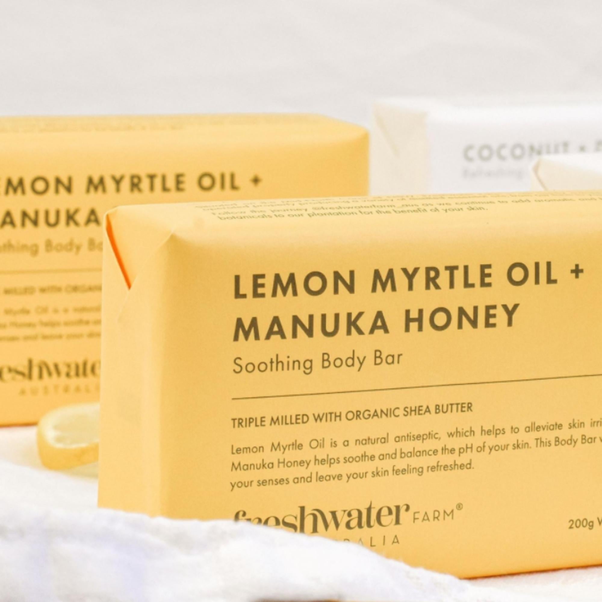 Lemon myrtle and manuka honey body bar, 200g French triple-milled soap with olive oil and shea butter