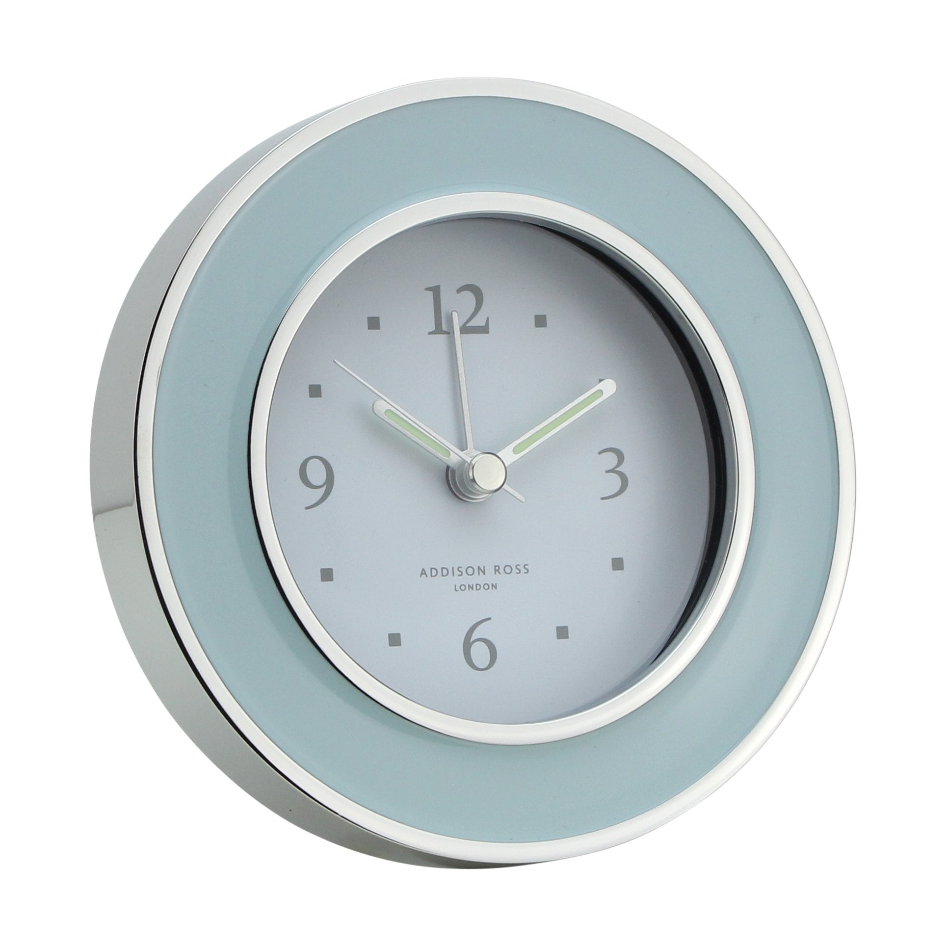 Round Light Blue & Silver Silent Alarm Clock from Inside Living Singapore. Shown front view.