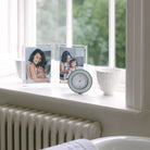 Light blue enamel and silver silent alarm clock, 11.3 x 11.3 x 5.5 cm, with glow-in-the-dark hands