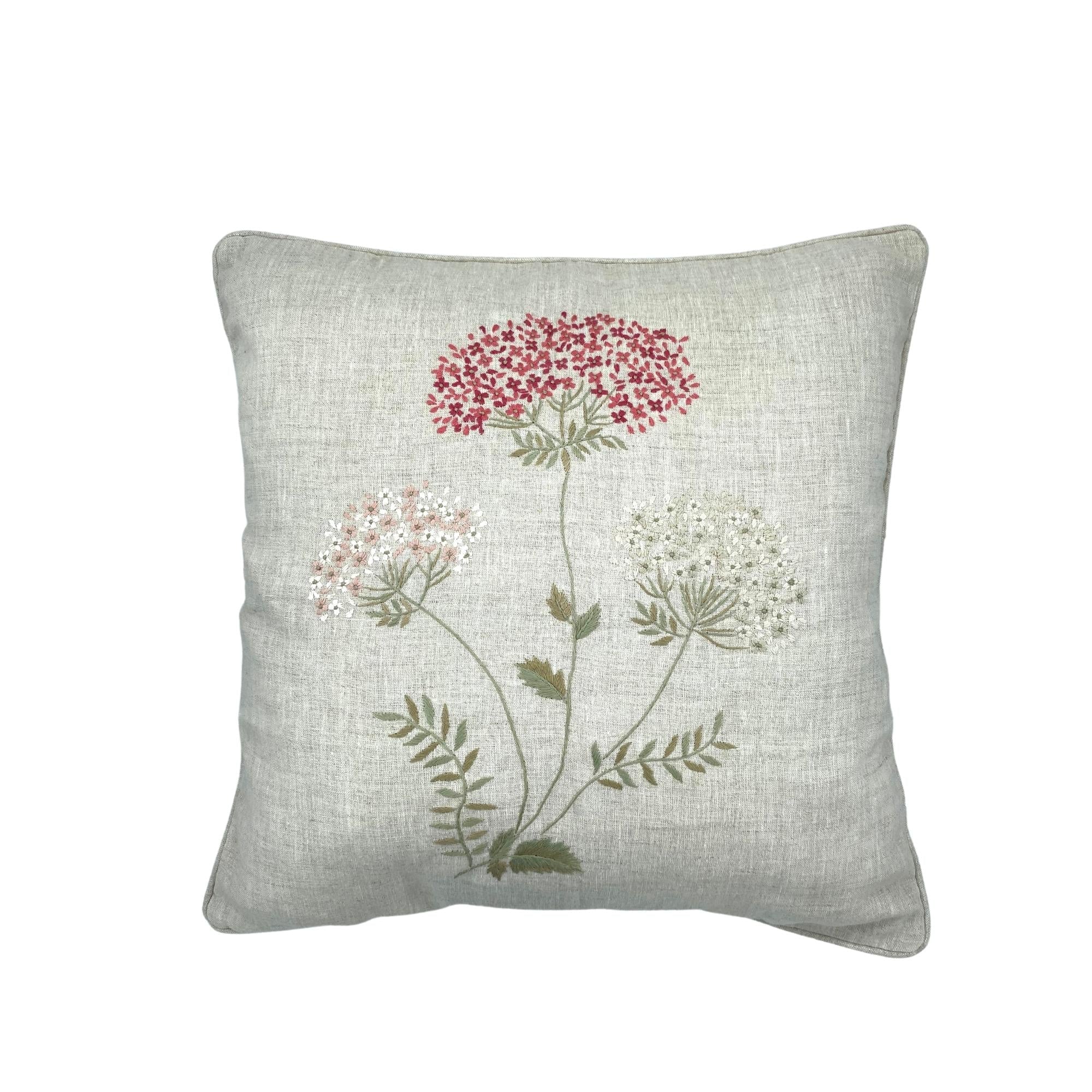 Linen Hand Embroidered Spring Blossom Cushion from Inside Living Singapore. Shown front view.