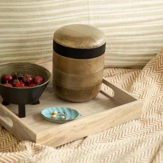 Orbis large mango wood storage jar with lid, handcrafted kitchen canister, from Inside Living Singapore Front view.