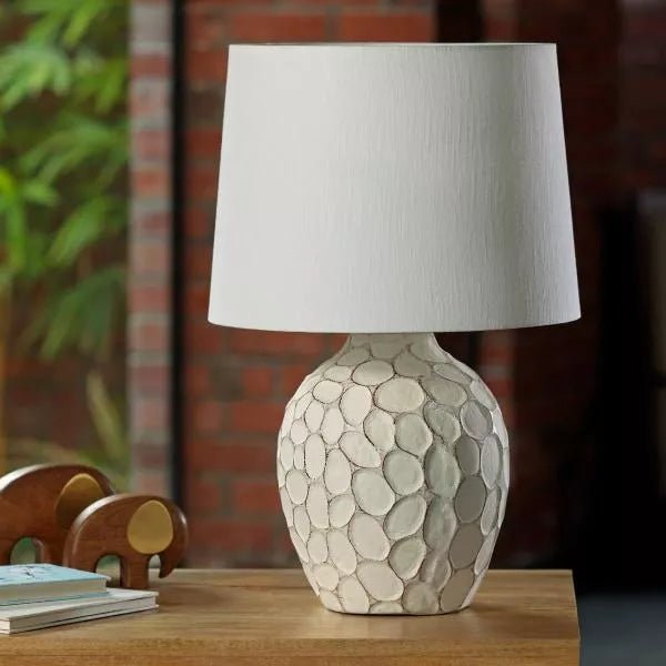 Pebble pot lamp with shade, Ecomix textured base, decorative table lamp giving soft ambient light for the home.