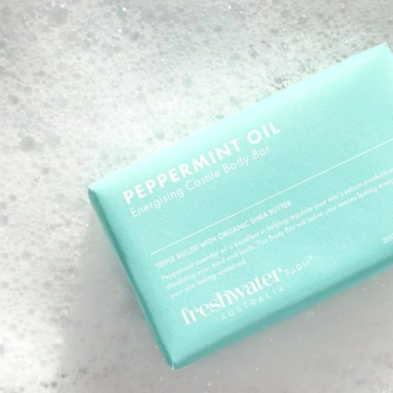 Peppermint oil body bar, 200g French triple-milled soap with olive oil and shea butter, energising and revitalising