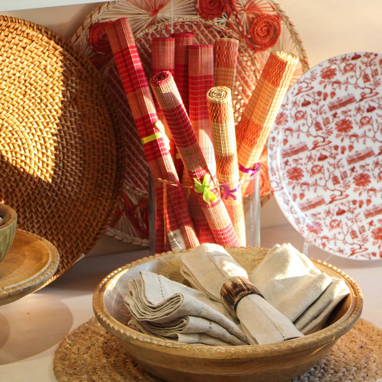 Red bamboo placemat, 38 x 30 cm, durable woven table setting, from Inside Living Singapore Front view.