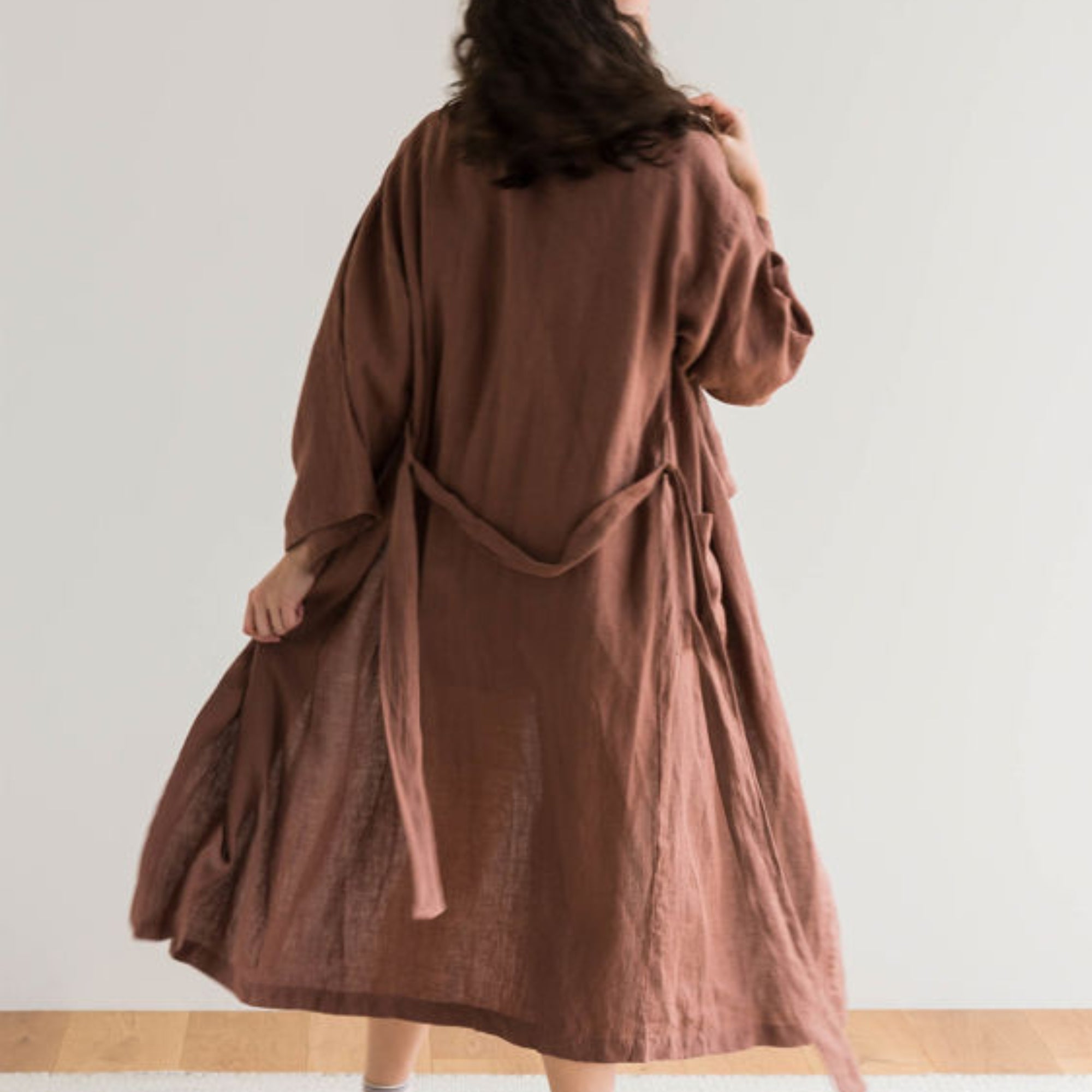 Plum Linen Robe, styled in a room setting, from the Inside Living Singapore homeware collection.