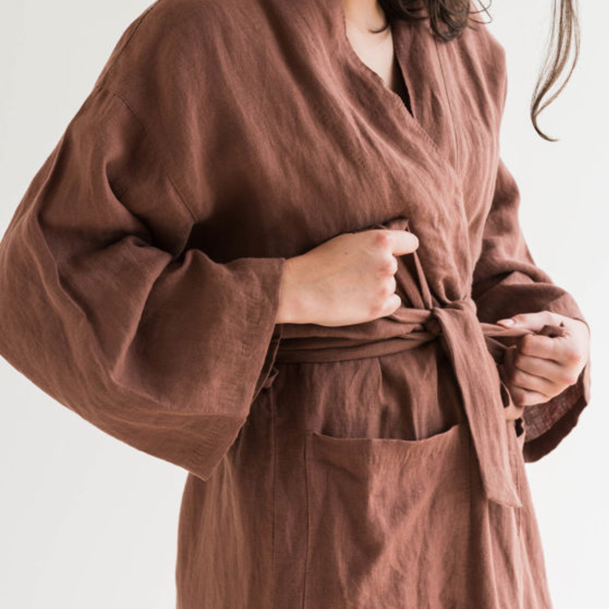 Plum linen robe with a relaxed fit and tie belt, made from OEKO-TEX certified flax linen