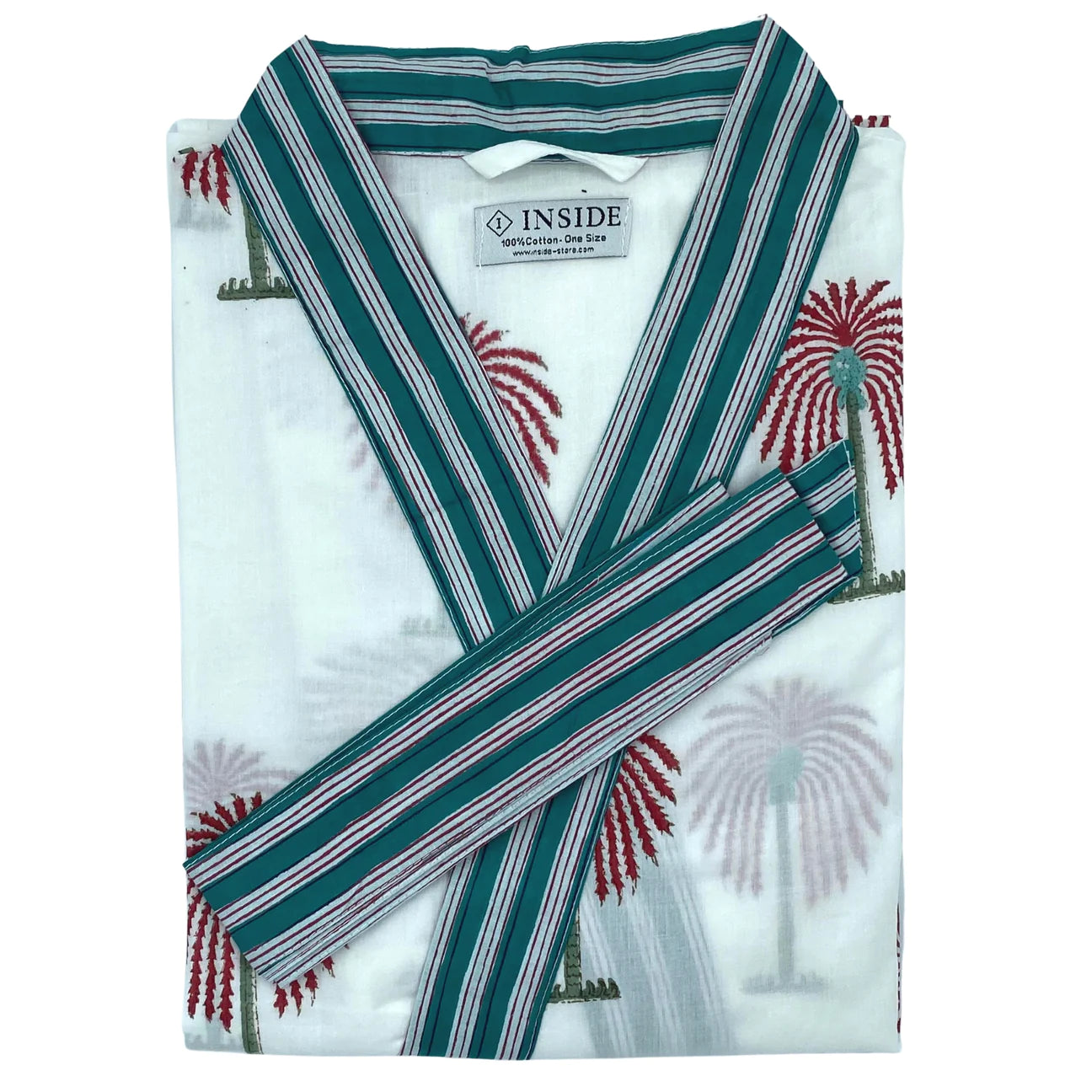 Lightweight cotton robe block-printed with red palms on white, with contrast block-print striped trim and belt