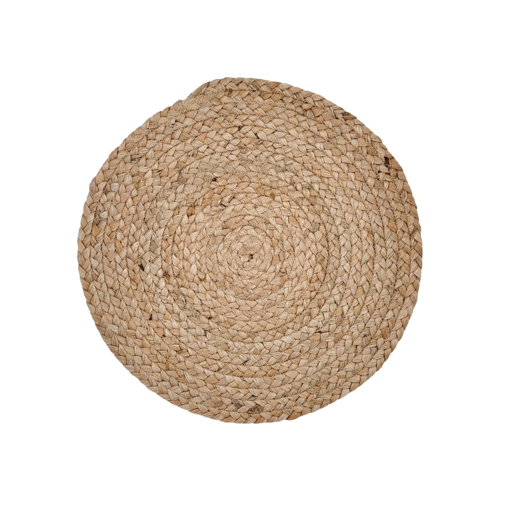 Round natural jute placemat, 38 cm diameter, handmade in India and sold individually