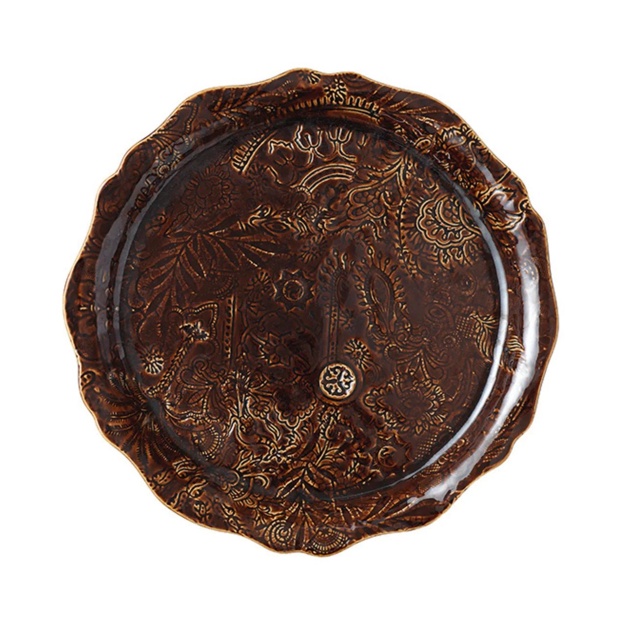 Round ceramic pizza and serving plate in coffee glaze, 34 cm diameter, ovenproof stoneware made in Portugal