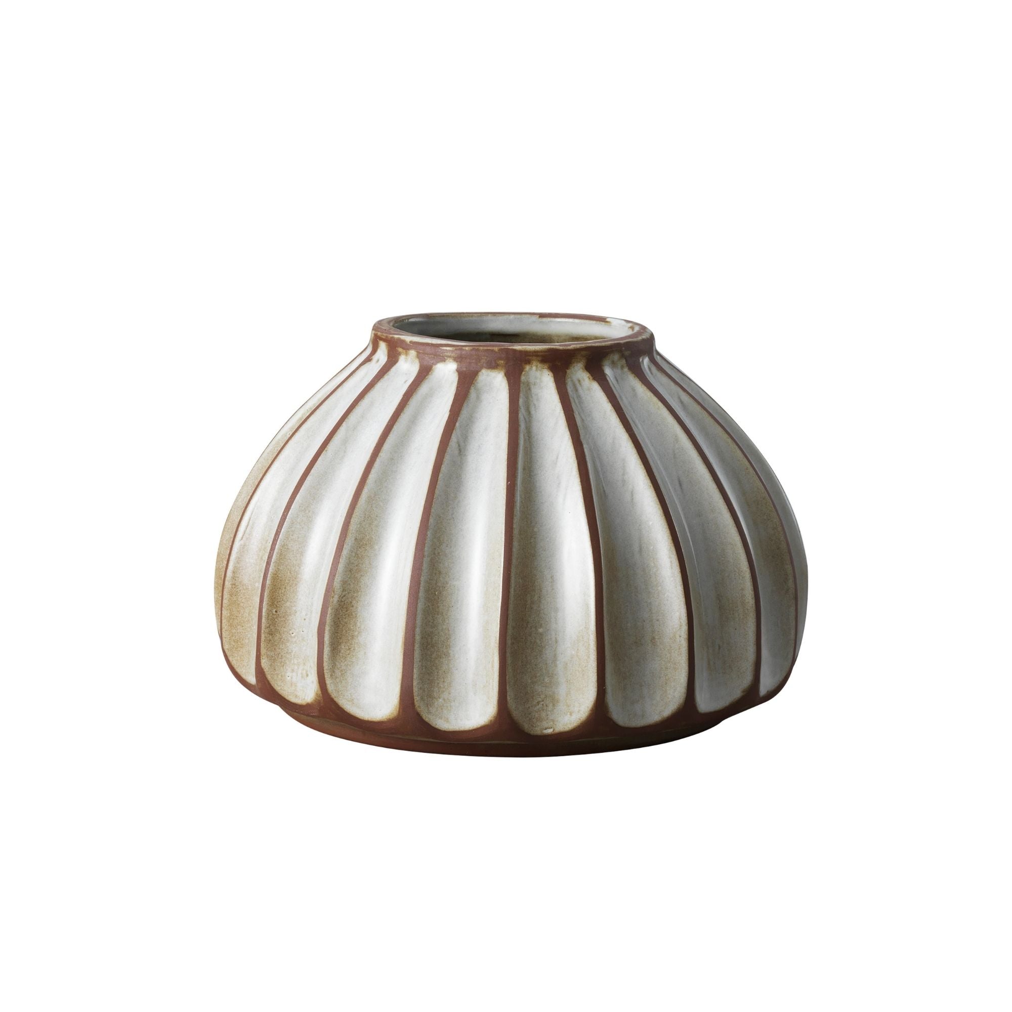 Ribbed round terracotta vase in a creamy putty glaze, 11 cm high and 16 cm wide, made in Portugal