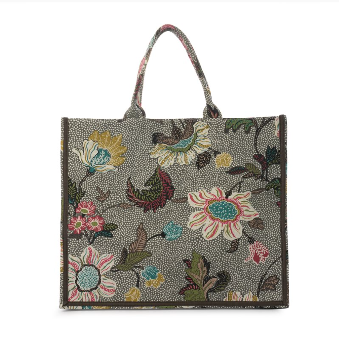 Grey linen-canvas shopper bag with floral print and inner organiser, 41 x 35 x 16 cm