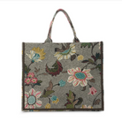 Grey linen-canvas shopper bag with floral print and inner organiser, 41 x 35 x 16 cm
