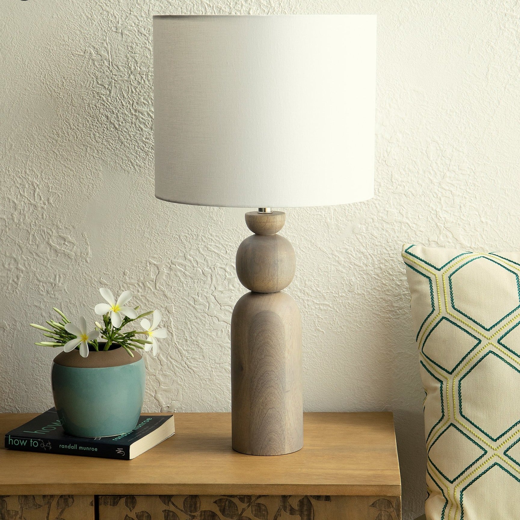 Handcrafted mango wood table lamp with shade, 31 cm diameter and 62 cm tall, for bedside, living room or study