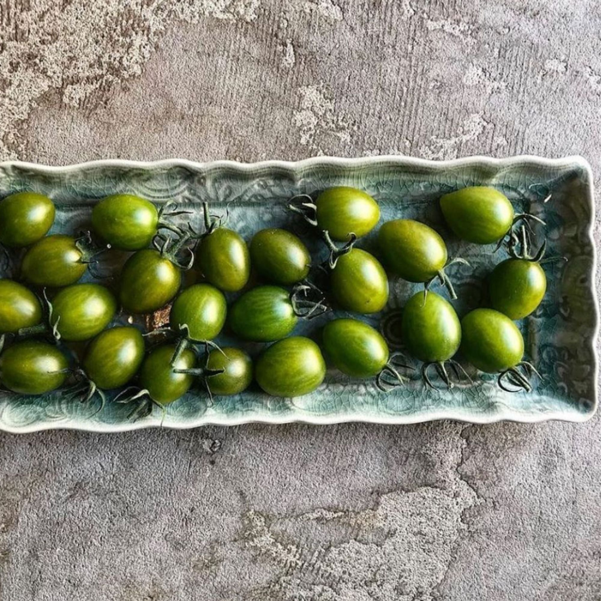 Rectangular ceramic serving dish in antique glaze, 33.5 x 13.5 cm, made in Portugal for canapes or dips